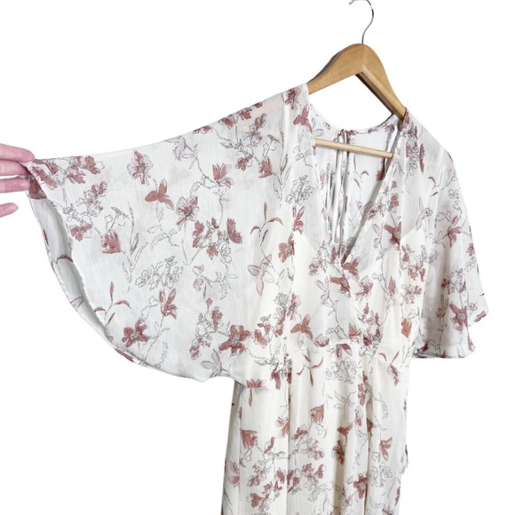 Lulus Women's Floral V-Neck Back Cut Out Neutral Flowy Sheer Ruffle Mini Dress - Picture 3 of 16